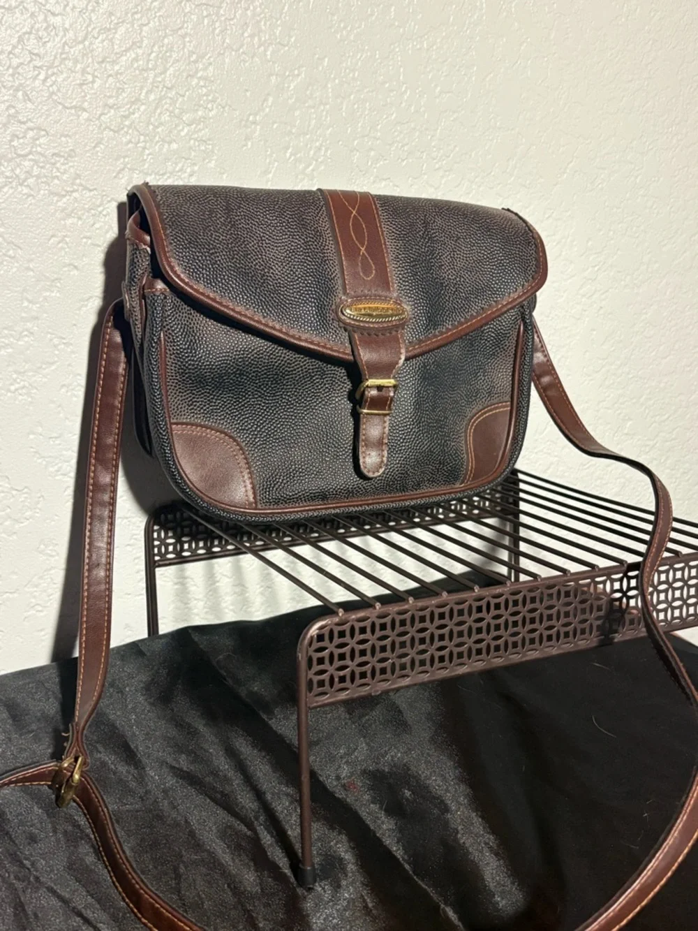 Vintage Liz Claiborne Brown Leather-Trimmed Black Crossbody Bag
